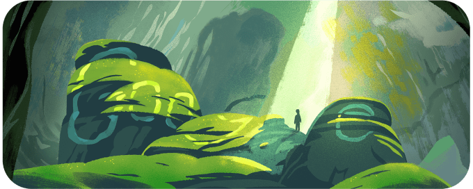 A screenshot from Google Doodle shows the image of a giant sinkhole deep inside Son Doong cave with illuminating sunlight on its homepage on April 14 2022.